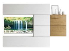 Mur TV modulable suspendu design blanc et naturel Lina L 234 cm - 6 pièces