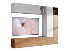 Mur TV modulable suspendu design blanc et naturel Lina L 254 cm - 7 pièces