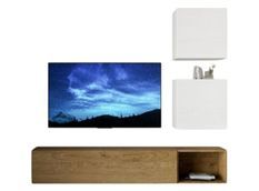 Meuble TV mural blanc et chêne naturel Isika L 234 cm - 4 pièces