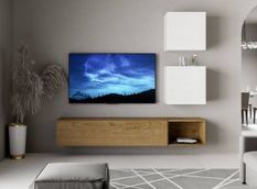 Meuble TV mural blanc et chêne naturel Isika L 234 cm - 4 pièces