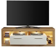 Meuble TV lumineux chêne Wotan et blanc brillant Roska 150 cm