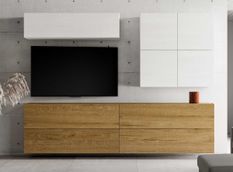 Meuble TV mural blanc et chêne naturel Isika L 308 cm - 9 pièces