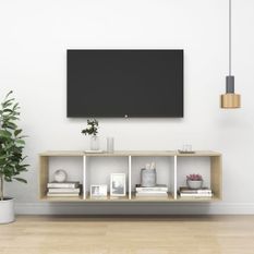 Meuble TV mural Blanc et chêne sonoma 37x37x142,5 cm