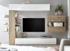 Meuble TV mural laqué blanc brillant et chêne clair Raia L 260 cm