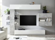 Meuble TV mural laqué blanc brillant et effet béton Raia L 260 cm