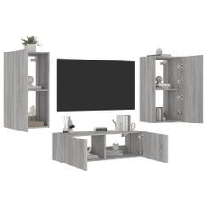 Meuble TV muraux 3 pcs avec lumières LED sonoma gris