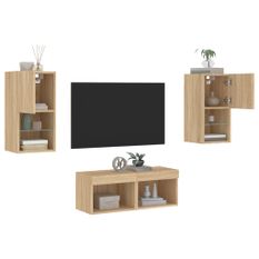 Meuble TV muraux 4 pcs avec lumières LED chêne sonoma