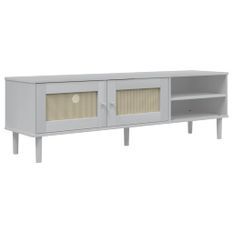 Meuble TV SENJA aspect rotin blanc 158x40x49cm bois massif pin