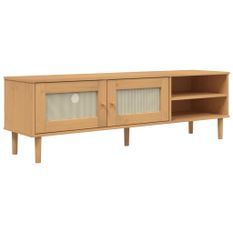 Meuble TV SENJA aspect rotin marron 158x40x49cm bois massif pin