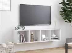 Meuble TV suspendu 4 niches bois blanc Neone 143 cm