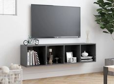 Meuble TV suspendu 4 niches bois gris brillant Neone 143 cm