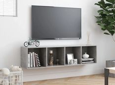 Meuble TV suspendu 4 niches bois gris effet béton Neone 143 cm