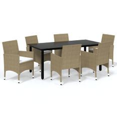 Meubles à dîner de jardin et coussins 7 pcs Poly rotin Beige 2