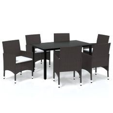 Meubles à dîner de jardin et coussins 7 pcs Poly rotin Marron