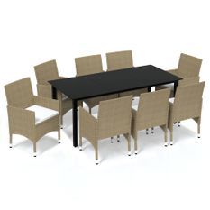 Meubles à dîner de jardin et coussins 9 pcs Poly rotin Beige