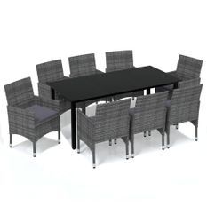 Meubles à dîner de jardin et coussins 9 pcs Poly rotin Gris