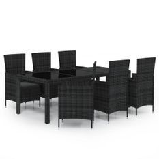 Meubles à dîner jardin 7 pcs avec coussins Résine tressée Noir