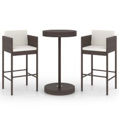 Meubles de bar de jardin 3pcs et coussins Résine tressée Marron 2