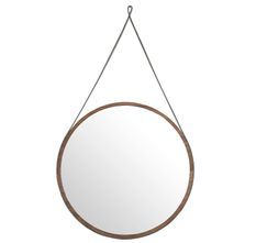 Miroir mural rond Ø75 cm – Bois plaqué noyer & cuir de vachette chocolat