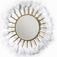 Miroir mural rond art déco métal doré et plumes blanches KITA - Ø 103 cm