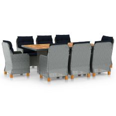 Mobilier à dîner 9 pcs avec coussins Résine tressée Gris clair 7