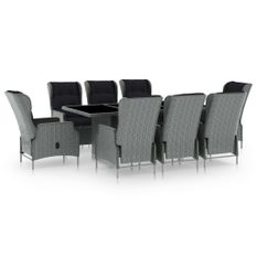 Mobilier à dîner 9 pcs avec coussins Résine tressée Gris clair