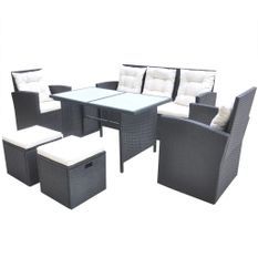 Mobilier à dîner de jardin 6pcs et coussins Résine tressée Noir