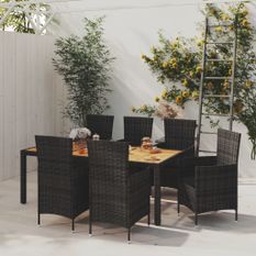 Mobilier à dîner de jardin 7pcs et coussins Résine tressée Noir