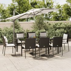Mobilier à dîner de jardin 9pcs et coussins noir résine tressée