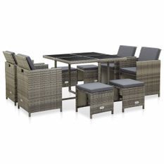 Mobilier à dîner de jardin 9pcs et coussins Résine tressée Gris 4