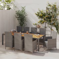 Mobilier à dîner de jardin 9pcs et coussins Résine tressée Gris