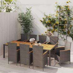 Mobilier à dîner de jardin 9pcs et coussins Résine tressée Gris