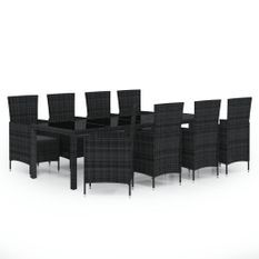 Mobilier à dîner de jardin 9pcs et coussins Résine tressée Noir