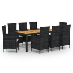 Mobilier à dîner de jardin 9pcs et coussins résine tressée noir