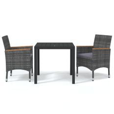 Mobilier à dîner de jardin et coussins 3pcs Résine tressée Gris