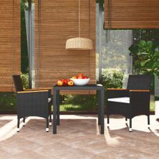 Mobilier à dîner de jardin et coussins 3pcs Résine tressée Noir