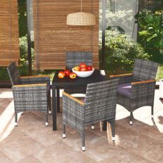 Mobilier à dîner de jardin et coussins 5pcs Résine tressée Gris