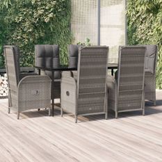 Mobilier à dîner de jardin et coussins 7 pcs Noir et gris Rotin