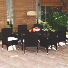 Mobilier à dîner de jardin et coussins 7pcs Résine tressée Noir