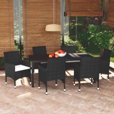 Mobilier à dîner de jardin et coussins 7pcs Résine tressée Noir