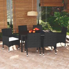 Mobilier à dîner de jardin et coussins 7pcs Résine tressée Noir