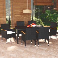 Mobilier à dîner de jardin et coussins 7pcs Résine tressée Noir