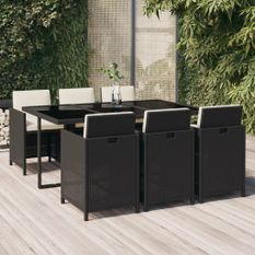 Mobilier à dîner de jardin et coussins 7pcs Résine tressée Noir