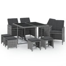 Mobilier à dîner de jardin et coussins 9pcs Résine tressée Gris 3