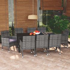 Mobilier à dîner de jardin et coussins 9pcs Résine tressée Gris