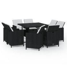 Mobilier à dîner de jardin et coussins 9pcs Résine tressée Noir