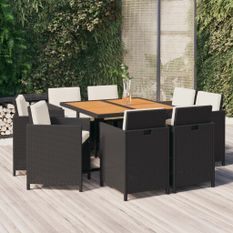 Mobilier à dîner de jardin et coussins 9pcs Résine tressée Noir