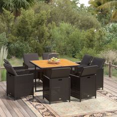 Mobilier à dîner de jardin et coussins 9pcs Résine tressée Noir