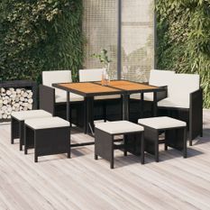 Mobilier à dîner de jardin et coussins 9pcs Résine tressée Noir