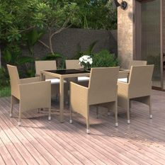 Mobilier à dîner jardin 7 pcs Résine tressée verre trempé Beige